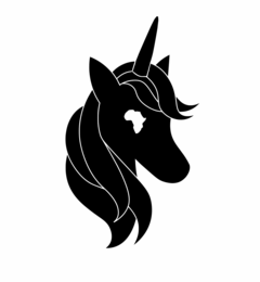 BlackYoonicorn logo: profile of female black unicorn head with flowy mane and map of Africa as eye